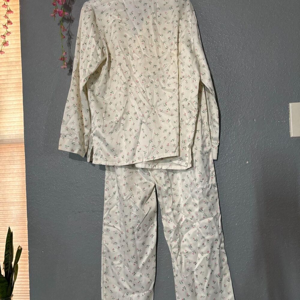 Kim Rogers Intimates Floral Satin Pajama Set M Cream Pink Rose Button Up Vintage - Picture 4 of 6